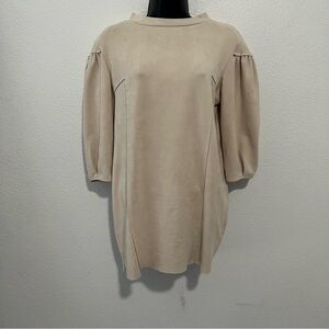 Dress Relaxed Shirt Mini Boxy Ciel Neutral Beige Faux Suede Popover Stretch S